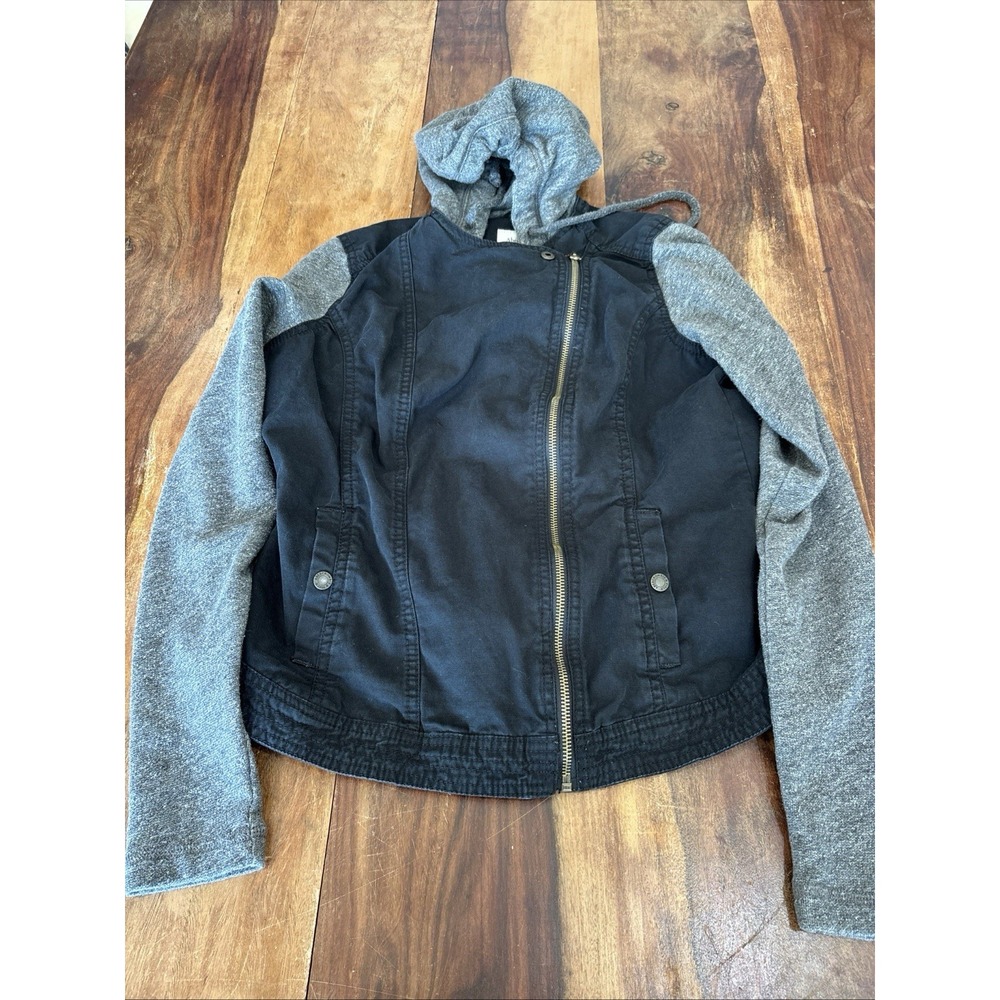 Y2K Abercrombie Fitch Black And Grey Hooded Coat Side Zipper gold XL Women's .